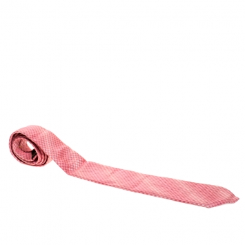 Pre Owned Louis Vuitton Coral Pink Monogram Jacquard Traditional Silk Tie
