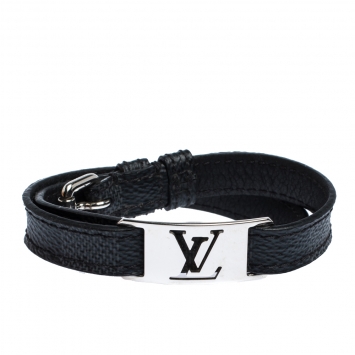 Pre Owned Louis Vuitton Sign It Damier Leather Silver Tone Double Wrap Bracelet