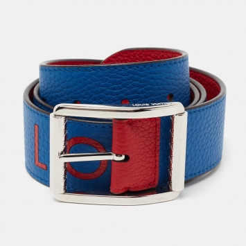 Pre Owned Louis Vuitton Red/Blue Taurillon Leather Logo Reversible Buckle Belt 90CM