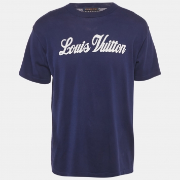 Pre Owned Louis Vuitton Navy Blue Knit Logo Embroidered T-Shirt XL