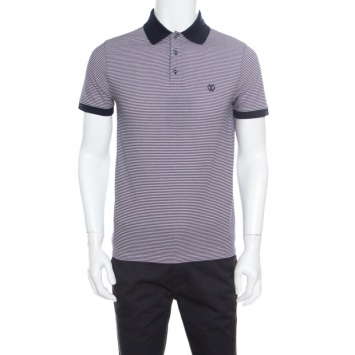 Pre Owned Louis Vuitton Navy Blue and Pink Striped Cotton Knit Polo T-Shirt S