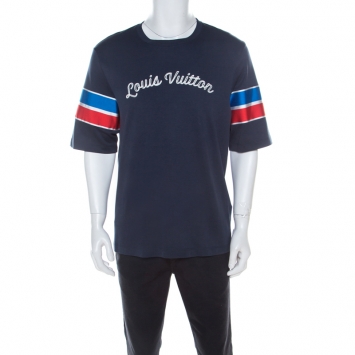Pre Owned Louis Vuitton Dark Blue Cotton Logo Embroidered Striped Sleeve T Shirt XXL 