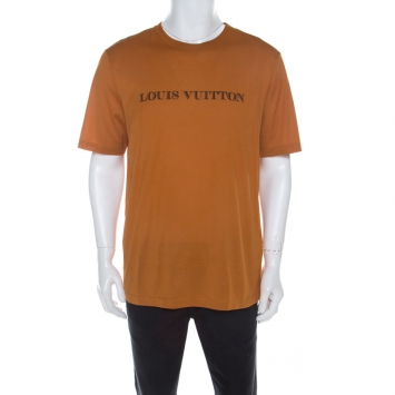 Pre Owned Louis Vuitton Tan Brown Logo Printed Cotton T Shirt XL 
