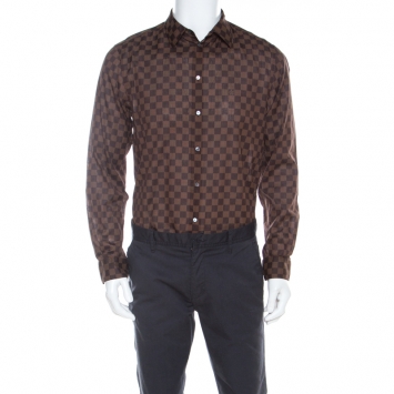 Pre Owned Louis Vuitton Brown Cotton Damier Ebene Button Front Shirt M 