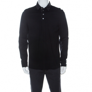 Pre Owned Louis Vuitton Black Cotton Pique Damier Collar Detail Polo T Shirt L
