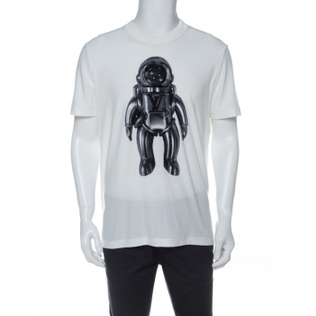 Pre Owned Louis Vuitton Off White Cotton Jacquard Velour Spaceman Motif T-Shirt M