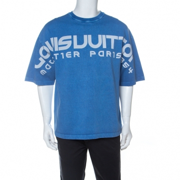 Pre Owned Louis Vuitton Blue Cotton Reflective Logo Oversized T-Shirt XS 