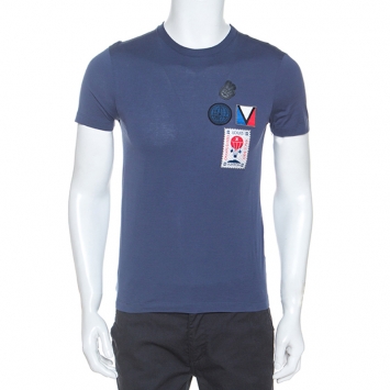 Pre Owned Louis Vuitton Blue Cotton Patch Detail T-Shirt XS