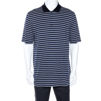 Pre Owned Louis Vuitton Dark Blue Striped Stretch Cotton Polo T-Shirt XXL