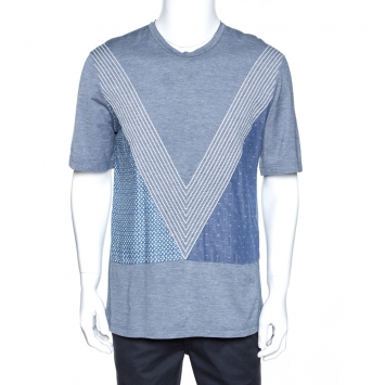 Pre Owned Louis Vuitton Pale Blue Patched Cotton Stitch Detail T-Shirt L