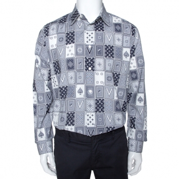 Pre Owned Louis Vuitton Navy Blue LV Cards Print Cotton Regular Fit Shirt L