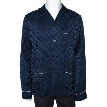 Pre Owned Louis Vuitton x Supreme Navy Blue Monogram Jacquard Satin Pajama Shirt L
