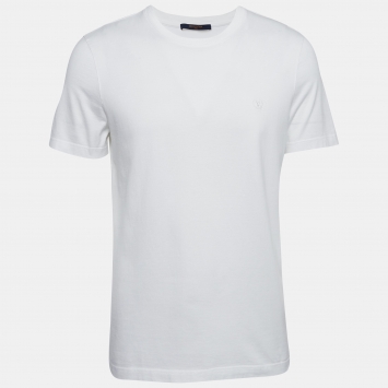 Pre Owned Louis Vuitton White Logo Embroidered Cotton Half Sleeve T-Shirt L