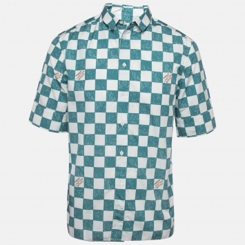 Pre Owned Louis Vuitton White/Blue Checked Cotton Short Sleeve Damier Shirt M