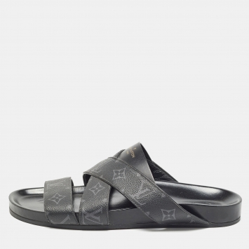 Pre Owned Louis Vuitton Black Monogram Leather Mirabeau Flat Slides Size 43 