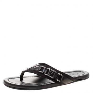 Pre Owned Louis Vuitton Black Fabric and Leather Hamptons Thong Sandals Size 44