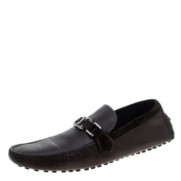 Pre Owned Louis Vuitton Brown Leather and Suede Trim Hockenheim Moccasins Size 43