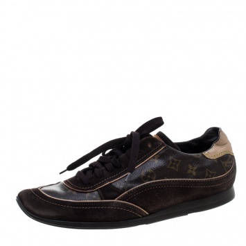 Pre Owned Louis Vuitton Brown Monogram Canvas and Suede Low Top Sneakers Size 45