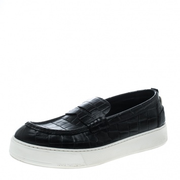 Pre Owned Louis Vuitton Black Croc Embossed Leather Loafers Size 45 