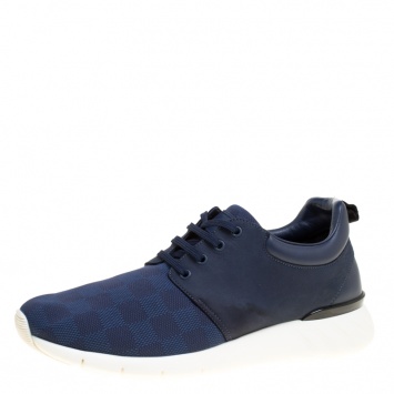 Pre Owned Louis Vuitton Blue Damier Nylon and Nubuck Fastlane Sneakers Size 42.5