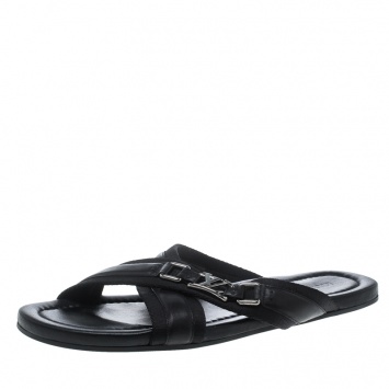 Pre Owned Louis Vuitton Black Leather Criss-Cross Sandals Size 44