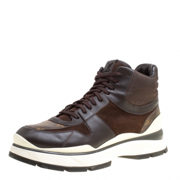Pre Owned Louis Vuitton Brown Monogram Canvas and Leather Platform High Top Sneakers Size 43.5