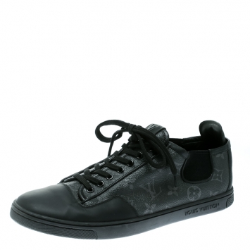 Pre Owned Louis Vuitton Black Monogram Canvas and Leather Lace Up Sneakers Size 41.5