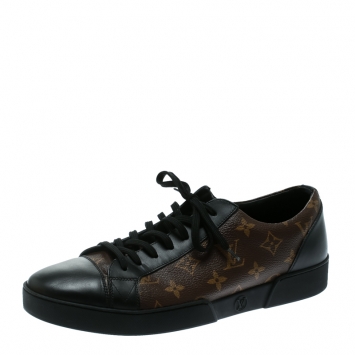 Pre Owned Louis Vuitton Brown/Black Monogram Canvas and Leather Match Up Low Top Sneakers Size 43