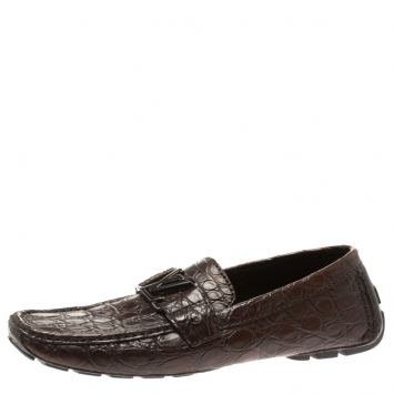 Pre Owned Louis Vuitton Brown Crocodile Leather Monte Carlo Loafers Size 41.5