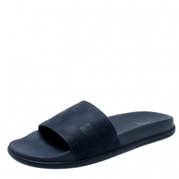 Pre Owned Louis Vuitton Blue Damier Embossed Rubber Waterfront Flat Slides Size 42.5