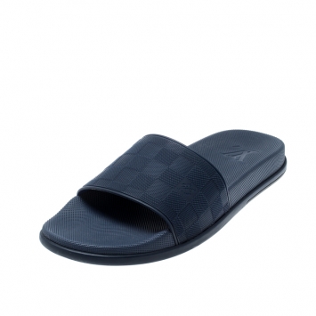 Pre Owned Louis Vuitton Blue Damier Embossed Rubber Waterfront Flat Slides Size 43