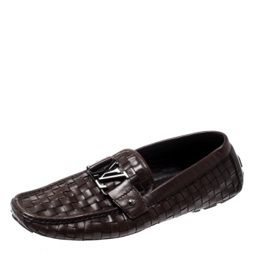 Pre Owned Louis Vuitton Dark Brown Woven Leather Monte Carlo Loafers Size 43
