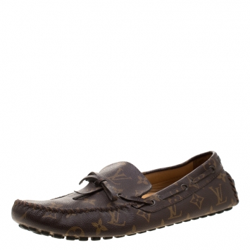 Pre Owned Louis Vuitton Brown Monogram Canvas Bow Detail Moccasins Size 42.5