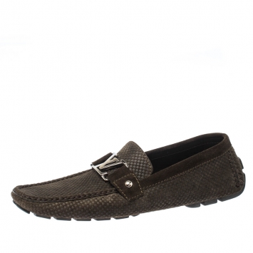 Pre Owned Louis Vuitton Seaweed Green Suede Damier Ebene Check Monte Carlo Loafers Size 44.5