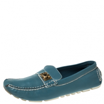 Pre Owned Louis Vuitton Blue/White Leather S-Lock Driving Loafers Size 40