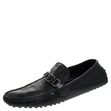 Pre Owned Louis Vuitton Black Leather Damier Infini Hockenheim Moccasin Size 43.5