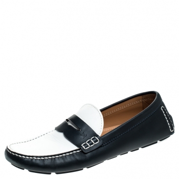 Pre Owned Louis Vuitton Blue/White Leather Shade Penny Loafers Size 44