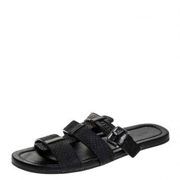 Pre Owned Louis Vuitton Black Python And Leather Slip On Flat Sandals Size 42