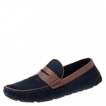Pre Owned Louis Vuitton Blue Denim And Brown Leather Penny Loafers Size 43