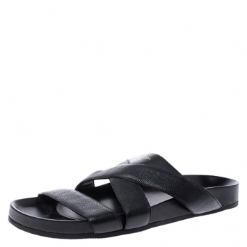 Pre Owned Louis Vuitton Black Leather Cross Strap Flat Slides Size 42.5