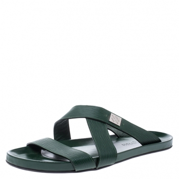 Pre Owned Louis Vuitton Green Epi Leather Pioneer Cross Strap Flat Slides Size 43