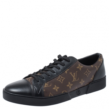 Pre Owned Louis Vuitton Brown/Black Monogram Canvas and Leather Match Up Low Top Sneakers Size 44