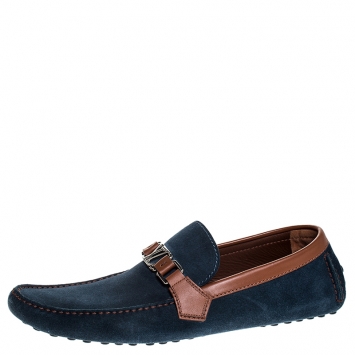 Pre Owned Louis Vuitton Navy Blue/ Brown Suede And Leather Hockenheim Loafers Size 45