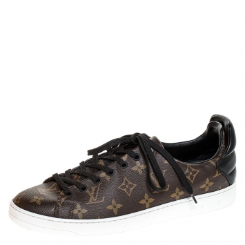 Pre Owned Louis Vuitton Brown Monogram Canvas and Black Leather Frontrow Low Top Sneakers Size 41
