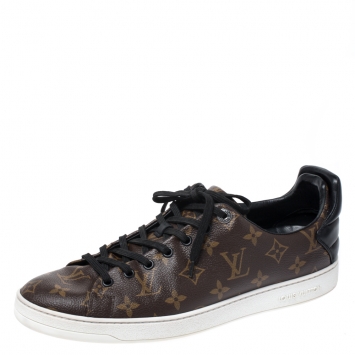 Pre Owned Louis Vuitton Brown Monogram Canvas and Black Leather Frontrow Low Top Sneakers Size 43