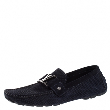 Pre Owned Louis Vuitton Blue Petit Damier Monte Carlo Suede Loafers Size 41.5