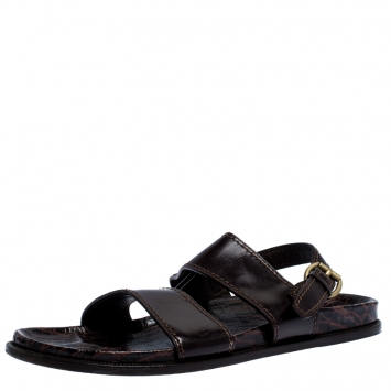 Pre Owned Louis Vuitton Brown Croc And Leather Flat Sandals Size 44.5