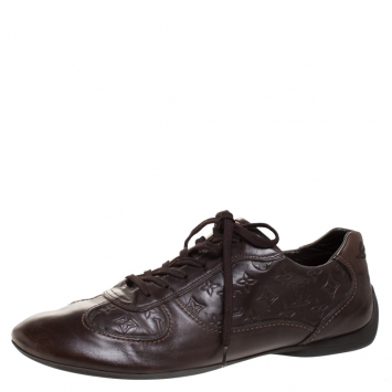 Pre Owned Louis Vuitton Brown Monogram Embossed Leather Lace Up Sneakers Size 43