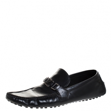 Pre Owned Louis Vuitton Black Leather Logo Detail Slip On Loafers Size 44