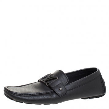 Pre Owned Louis Vuitton Dark Grey Textured Leather Slip On Monte Carlo Loafer Size 42